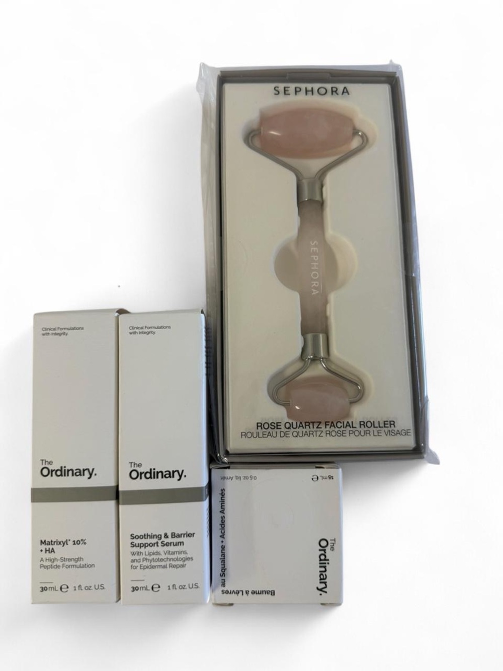 The Ordinary skincare bundle with Sephora rose quartz roller